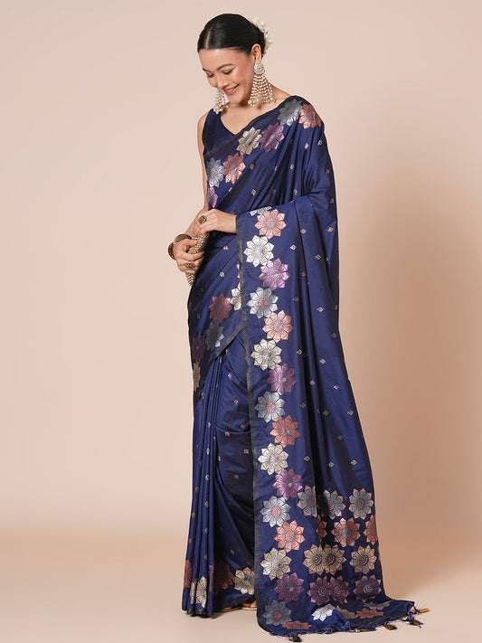 Navy Blue Banarasi Silk Saree with Multicolour Meenakari Floral Weave