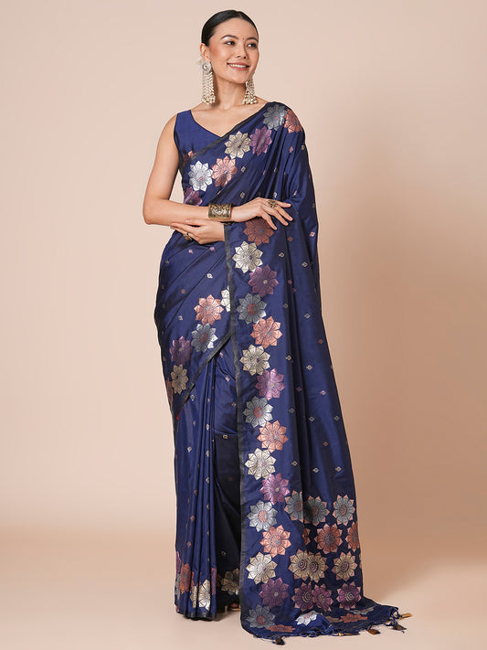 Navy Blue Banarasi Silk Saree with Multicolour Meenakari Floral Weave