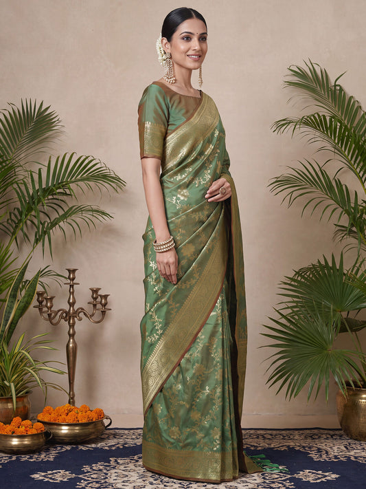 Olive Green Silk Blend Saree