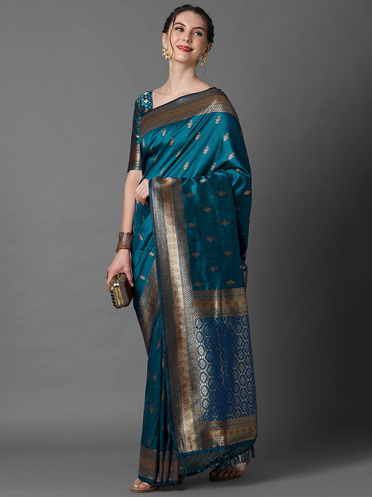 Teal blue Banarasi Silk Saree