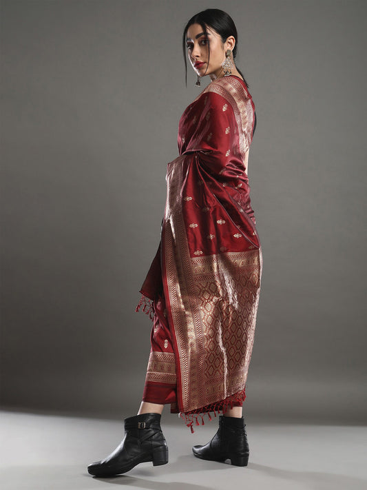 Deep Crimson-Maroon Pure Banarasi Katan Silk Saree