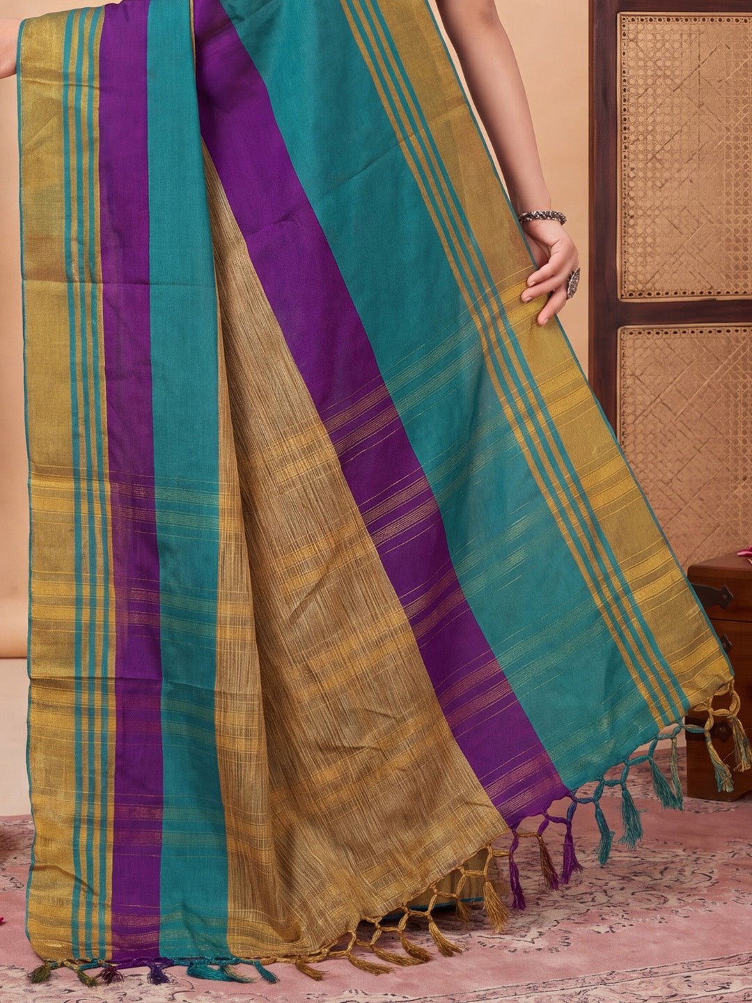 Teal Blue & Purple Cotton Silk Woven Striped Saree - Ressa