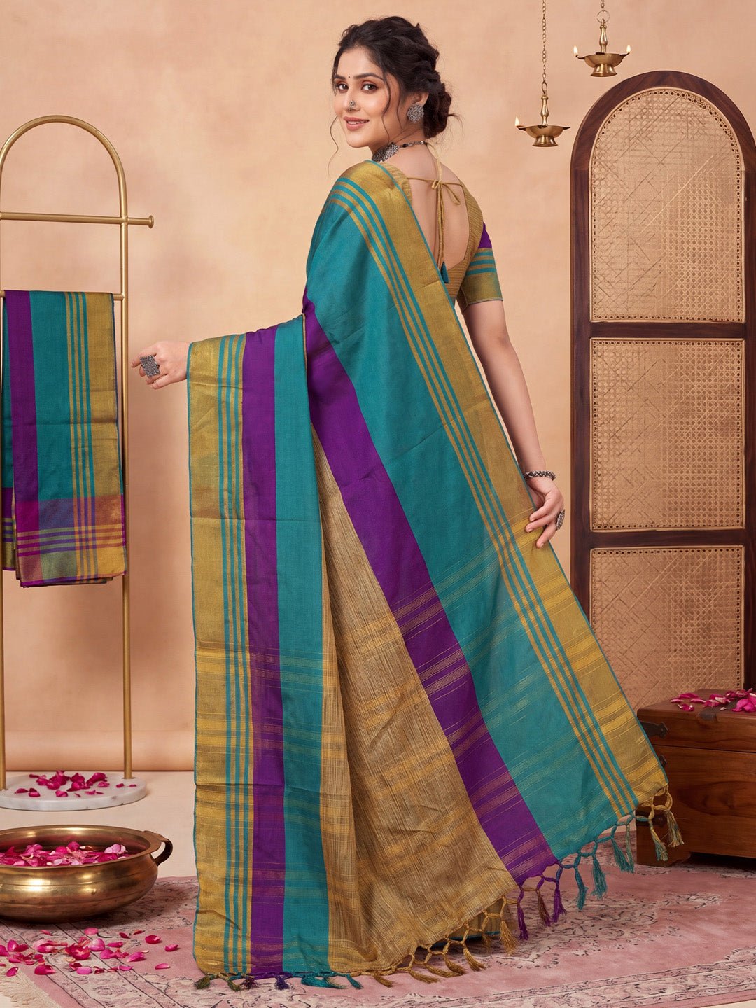Teal Blue & Purple Cotton Silk Woven Striped Saree - Ressa