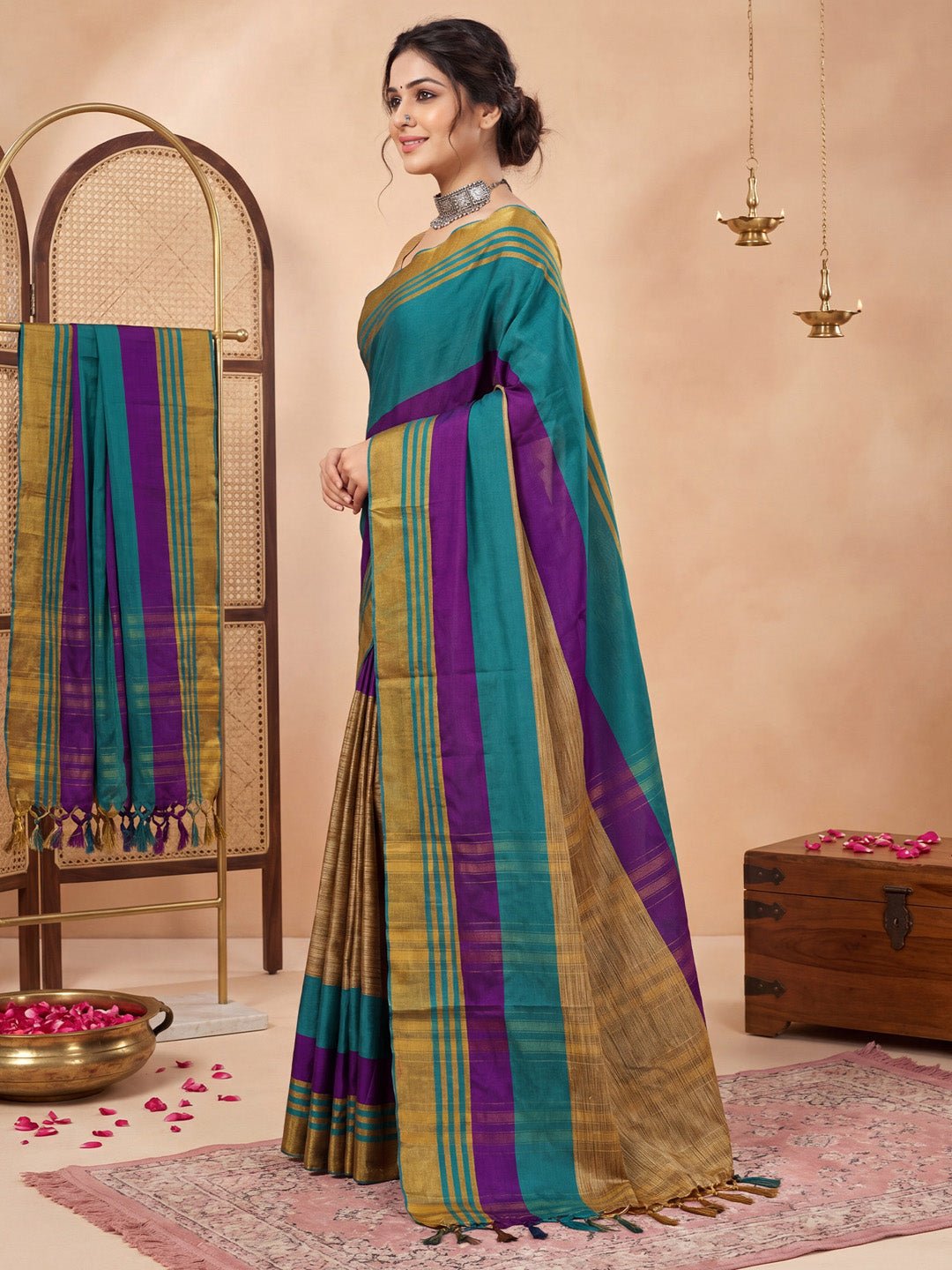Teal Blue & Purple Cotton Silk Woven Striped Saree - Ressa