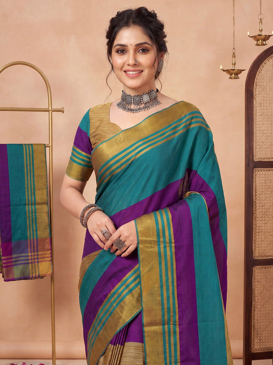 Teal Blue & Purple Cotton Silk Woven Striped Saree - Ressa