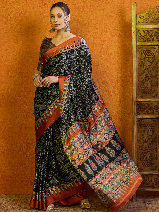 Black Bandhani Silk Saree with Rust Orange Border & Multicolour Kalamkari Pallu