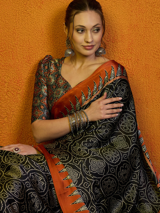 Black Ajrakh Print Silk Saree