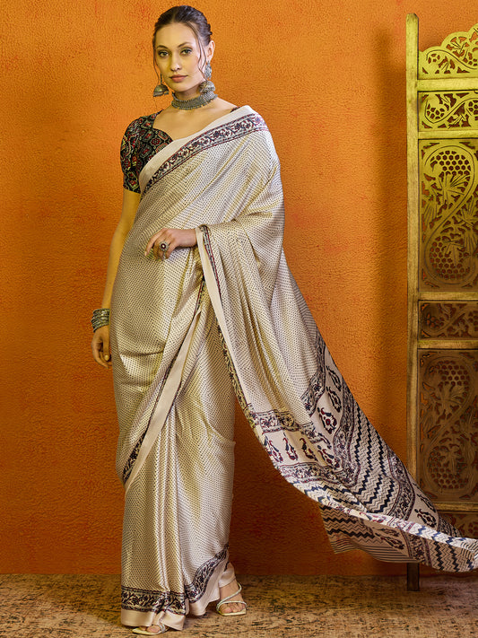 Ivory Ajrakh Patola Silk Saree with Black Dot Print Body & Multicolour Kalamkari Pallu