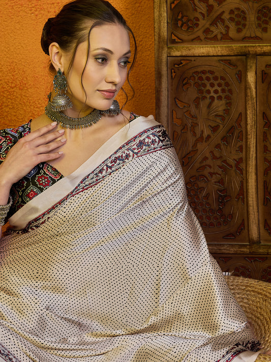 Ivory Ajrakh Print Satin Saree