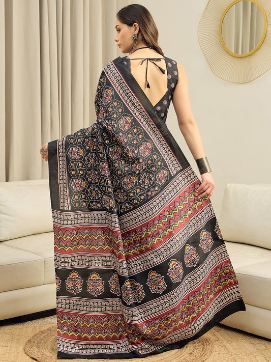 Ready to Wear Black Ajrakh Block Print Silk Saree