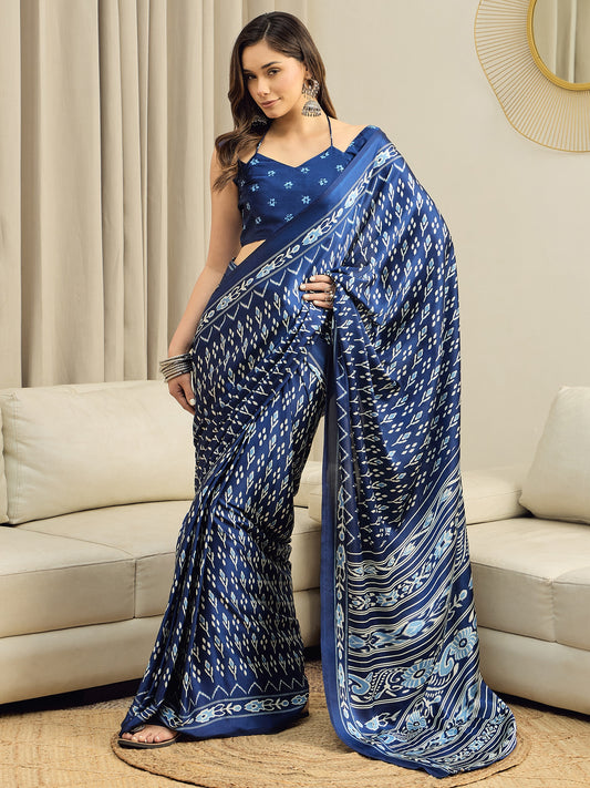 Royal Blue Silk-Satin Saree with All-Over Patola Print & Halter-Neck Blouse
