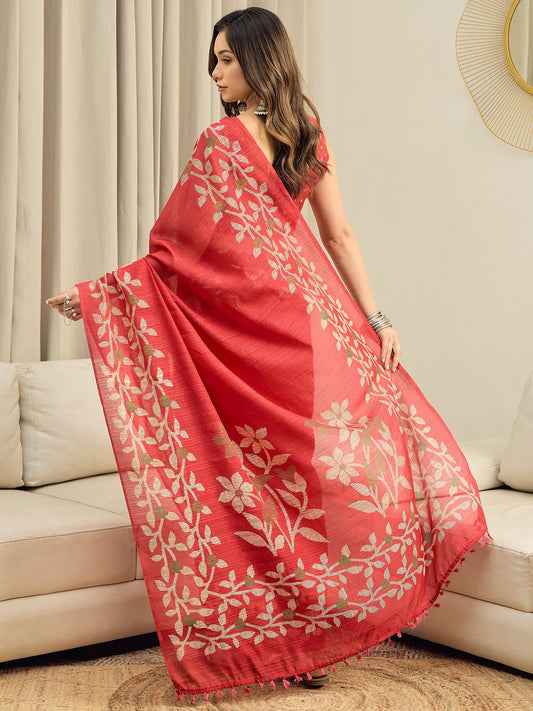 Red Jamdani Cotton Silk Saree