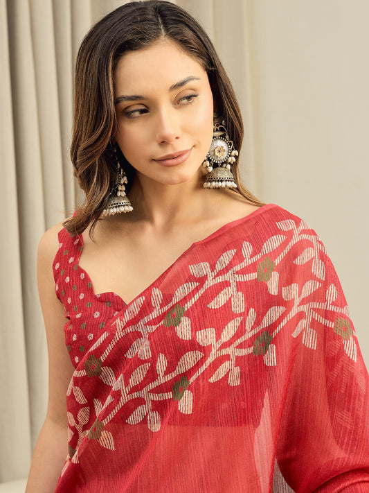 Red Jamdani Cotton Silk Saree