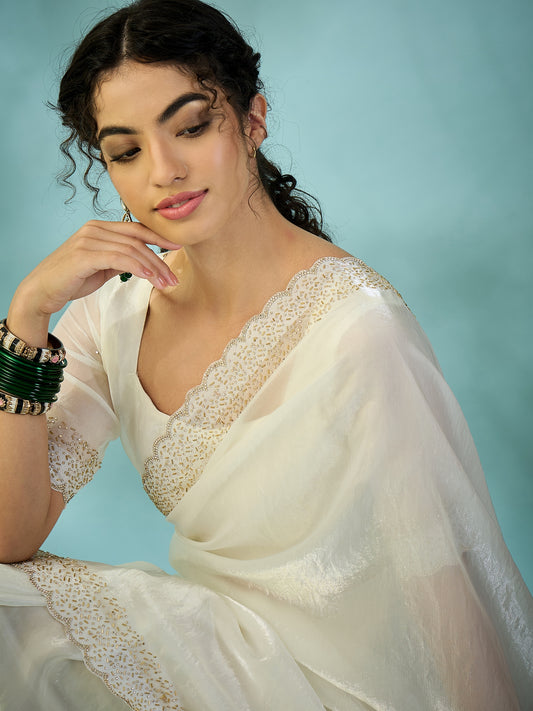White Tissue Silk Saree with Zari Stripes