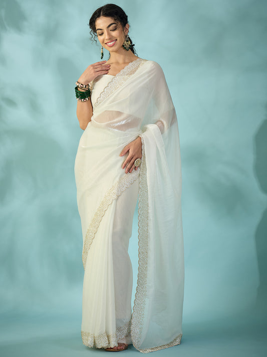 White Tissue Silk Saree with Zari Stripes