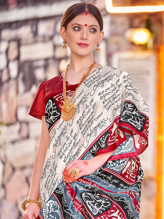 Ivory Silk Saree with Black Mantra Script Print