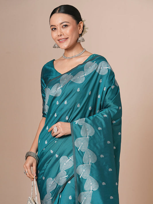 Teal Blue Silk Blend Saree