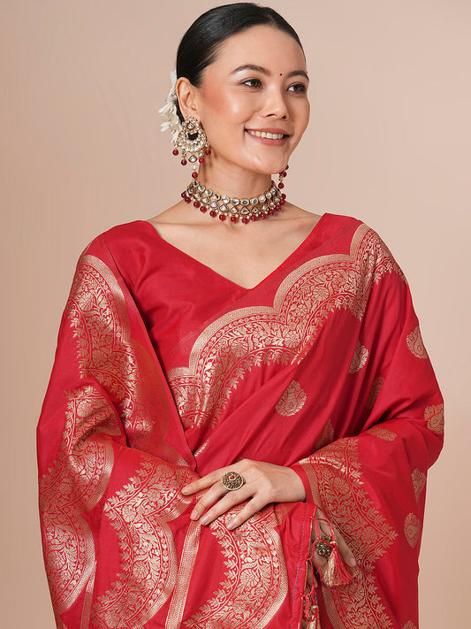 Deep Crimson Red Banarasi Pure Silk Saree