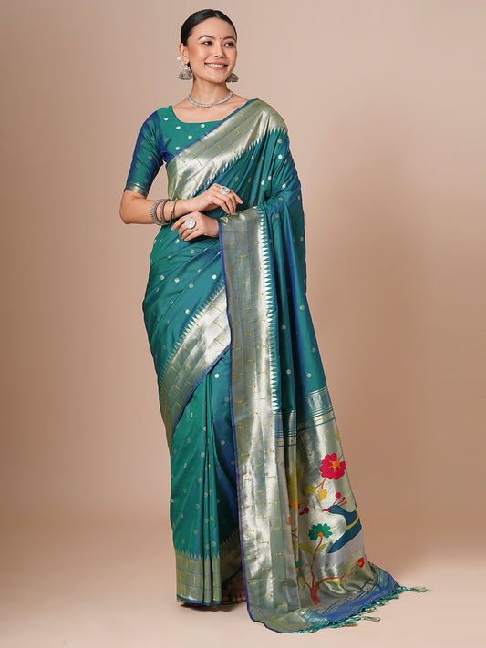 Teal Blue Silk Blend Heritage Banarasi Style Zari Woven Saree