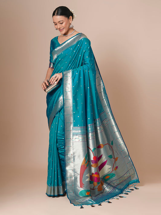 Teal Blue Paithani Silk Blend Silver Zari Woven Saree
