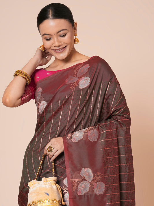 Olive green Banarasi Silk Saree