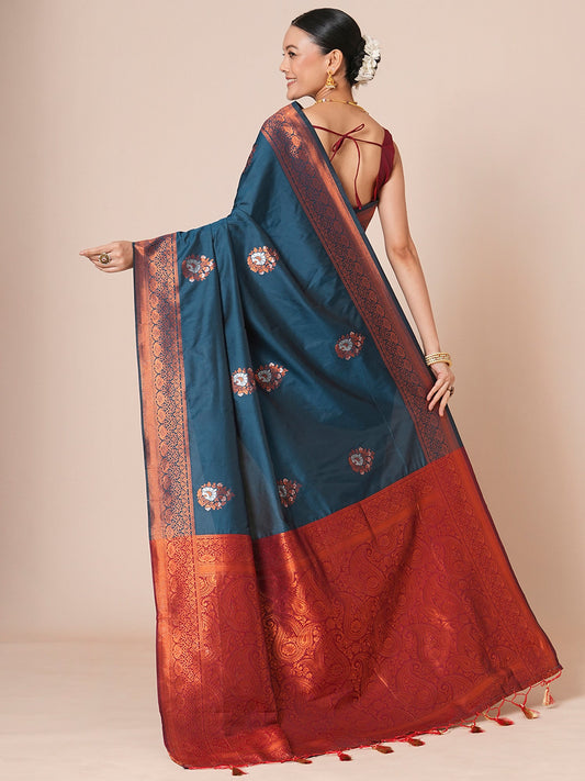 Teal Banarasi Silk with Red Meenakari Buti Saree