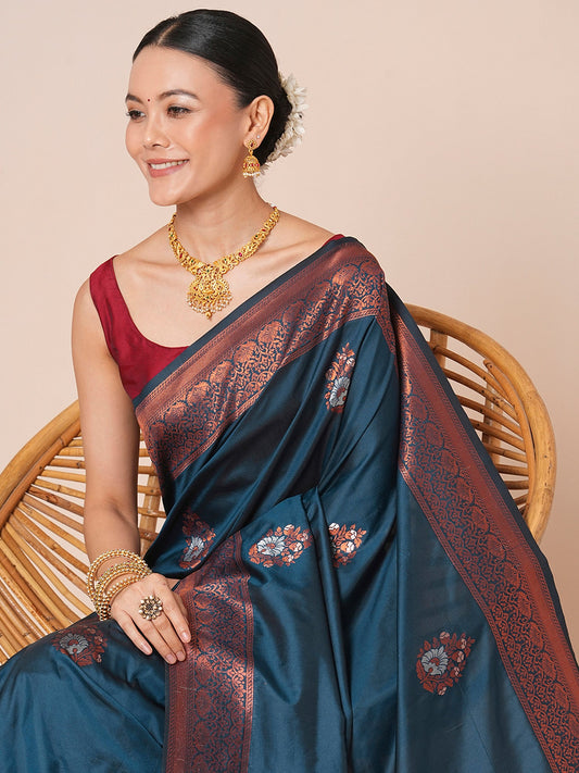 Teal Banarasi Silk with Red Meenakari Buti Saree