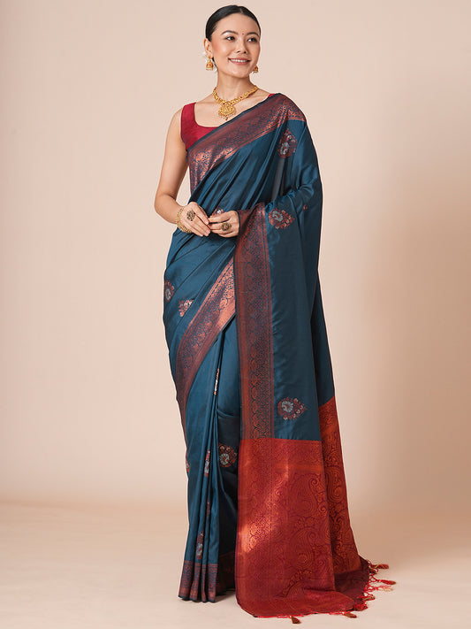 Teal Banarasi Silk with Red Meenakari Buti Saree