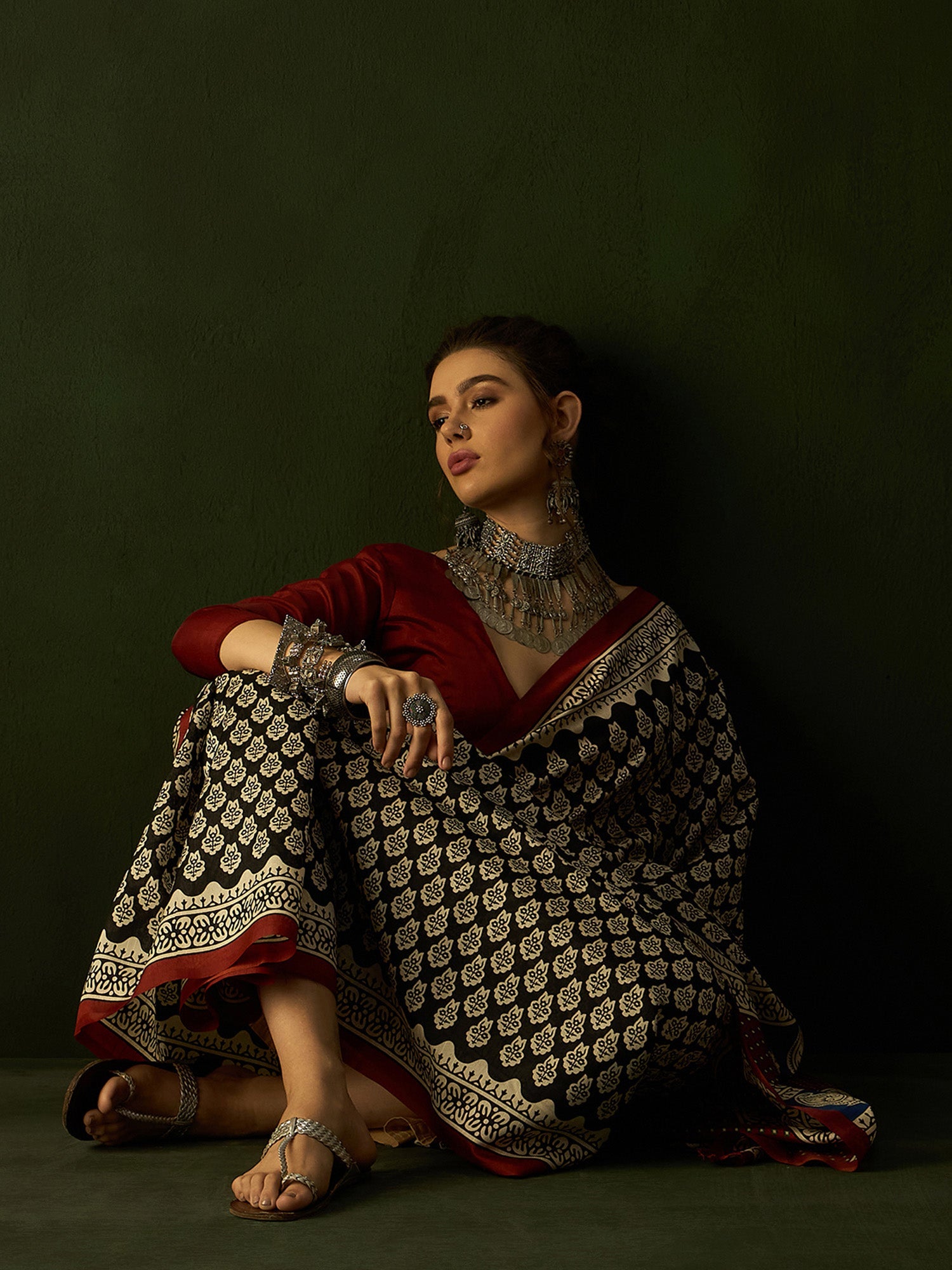 Black Bhagalpuri Silk Block Printed Saree - Ressa