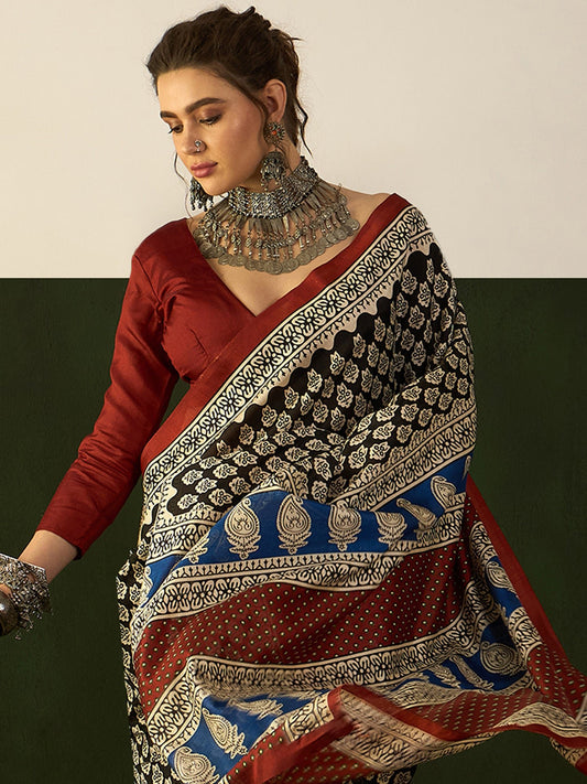 Black Bhagalpuri Silk Block Printed Saree - Ressa