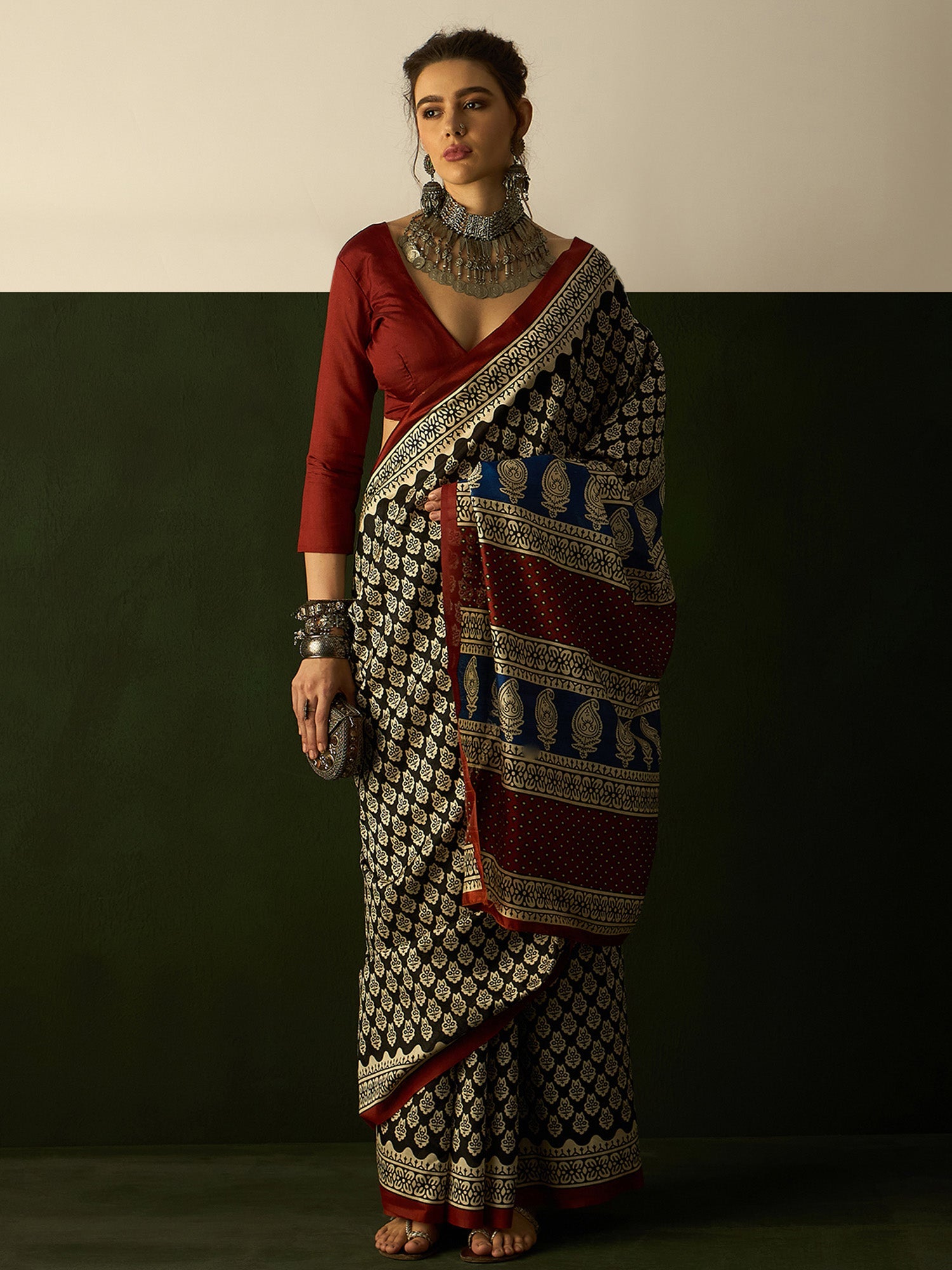 Black Bhagalpuri Silk Block Printed Saree - Ressa