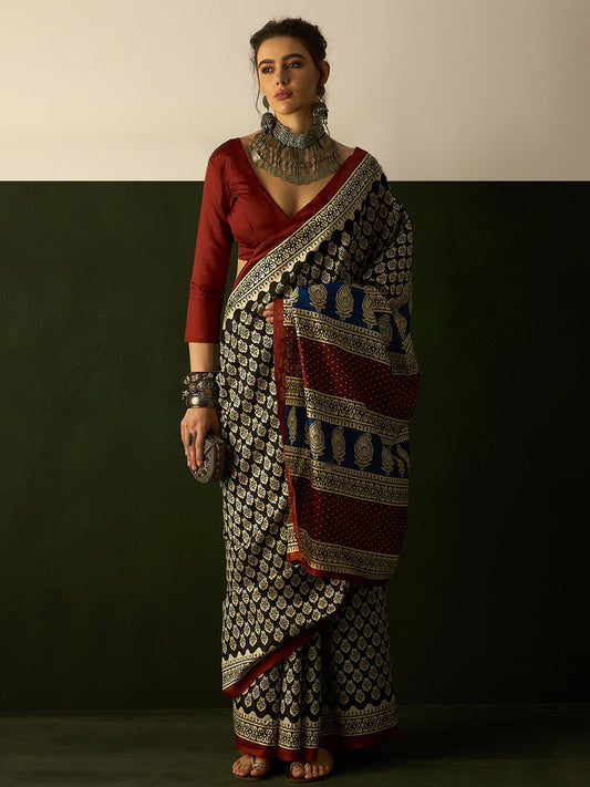 Black Bhagalpuri Silk Block Printed Saree - Ressa