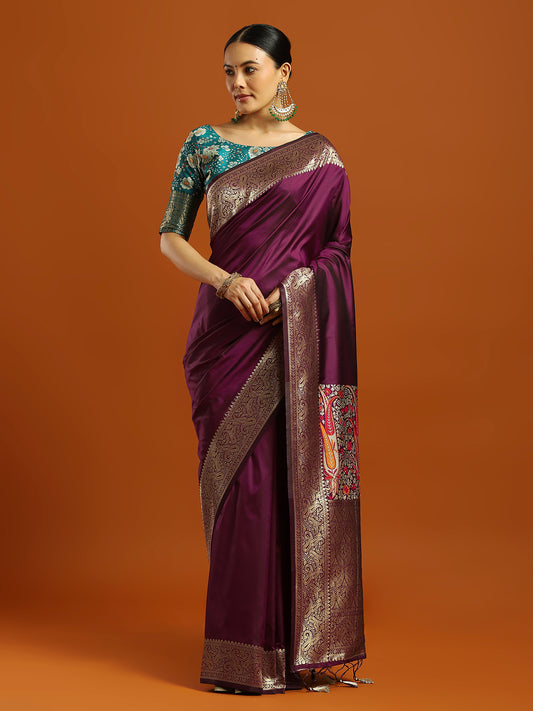 Wine Silk Blend Banaras saree