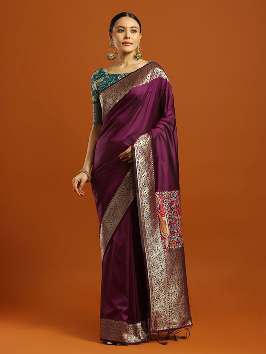 Wine Silk Blend Banaras saree