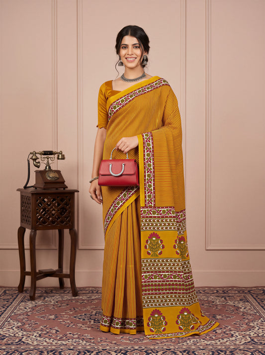 Vasanti Mustard Striped Bhagalpuri Silk Saree with Solid Border & Mustard Blouse Piece