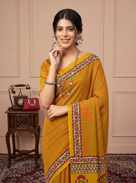 Vasanti Mustard Striped Bhagalpuri Silk Saree with Solid Border & Mustard Blouse Piece
