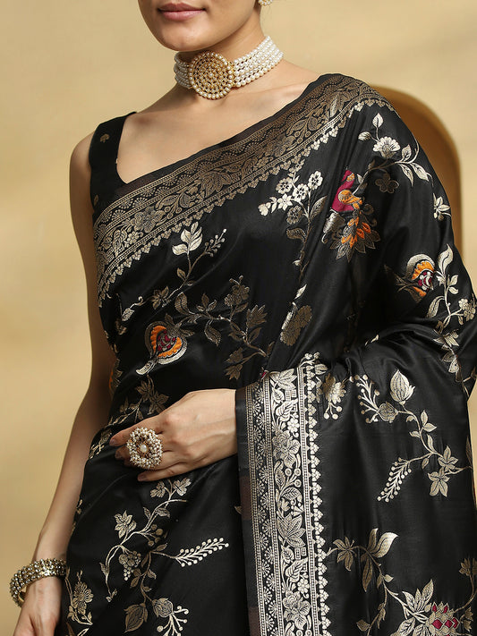 Black Banarasi Silk Saree with Meenakari Floral Weave