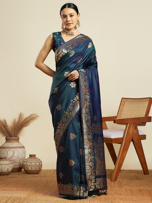 teal Blue Silk Banarasi with Meenakari Weave Saree