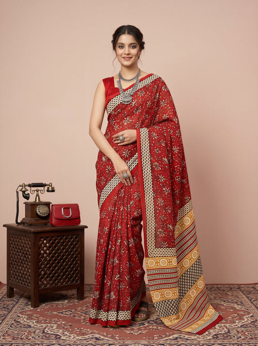 Sitara Red Ethnic Motif Bhagalpuri Silk Saree with Printed Border & Red Blouse Piece