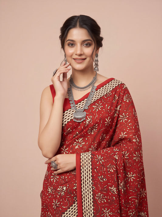 Sitara Red Ethnic Motif Bhagalpuri Silk Saree with Printed Border & Red Blouse Piece