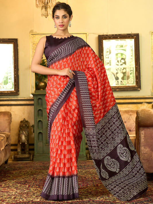 Red Bagh Block Print Silk Saree
