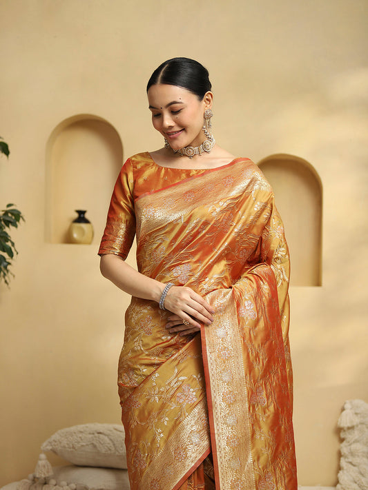 Gold Banarasi Silk with Zari Woven Floral Saree