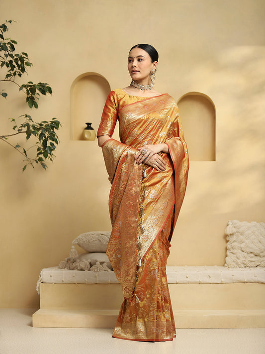Gold Banarasi Silk with Zari Woven Floral Saree