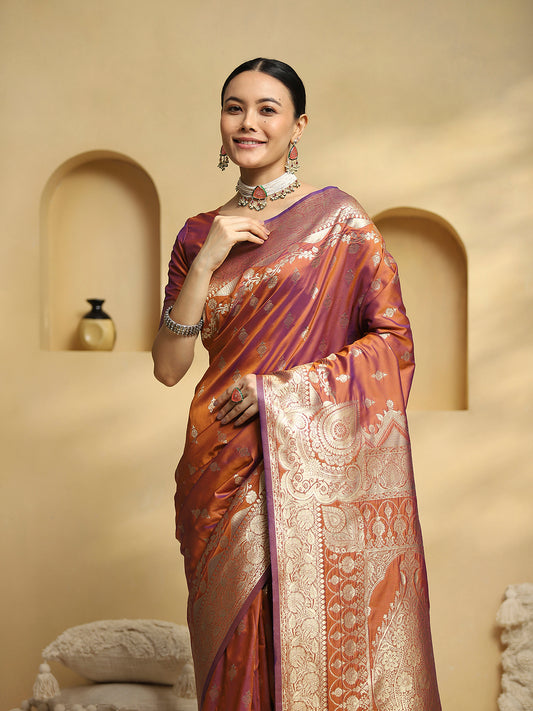 Purple & Copper Banarasi Silk Saree with Zari Weave
