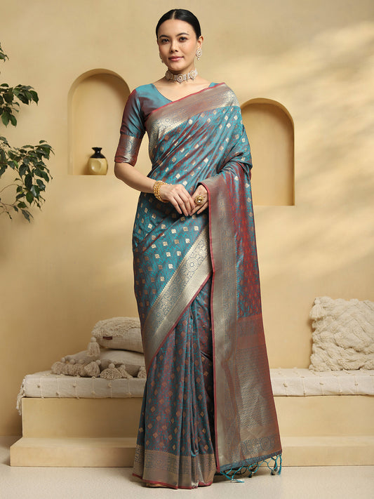 Teal Banarasi Silk Saree with Zari Border & Blouse