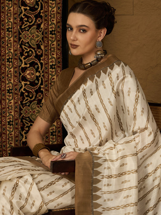 Off White Bhagalpuri Silk Ikkat Printed Saree