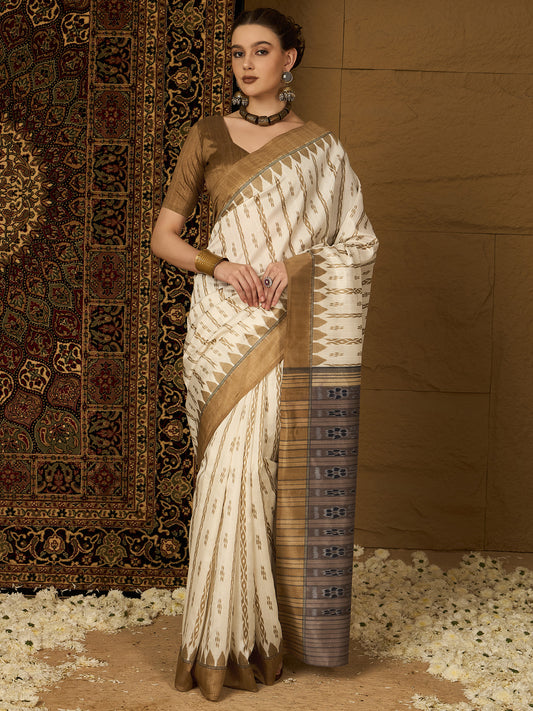 Off White Bhagalpuri Silk Ikkat Printed Saree
