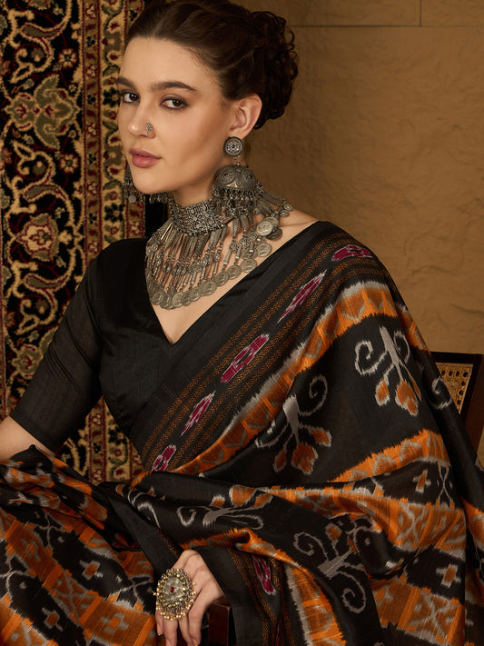 Black Bhagalpuri Silk Ikkat Printed Saree