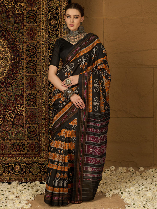 Black Bhagalpuri Silk Ikkat Printed Saree