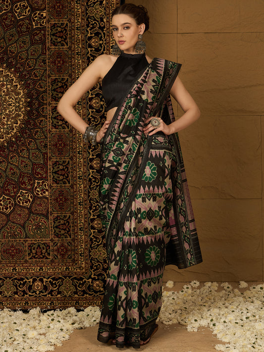 Black Bhagalpuri Ikkat Printed Saree